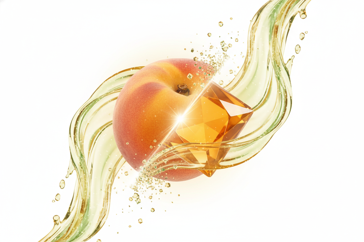 Peach Being Squished and magically turned into a square gummy while also being infused with a magic hemp juice that is sparkling and glittery but reserved and wholesome