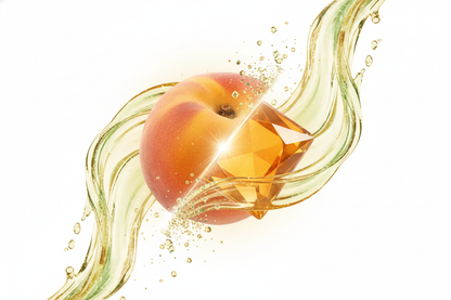 Peach Being Squished and magically turned into a square gummy while also being infused with a magic hemp juice that is sparkling and glittery but reserved and wholesome